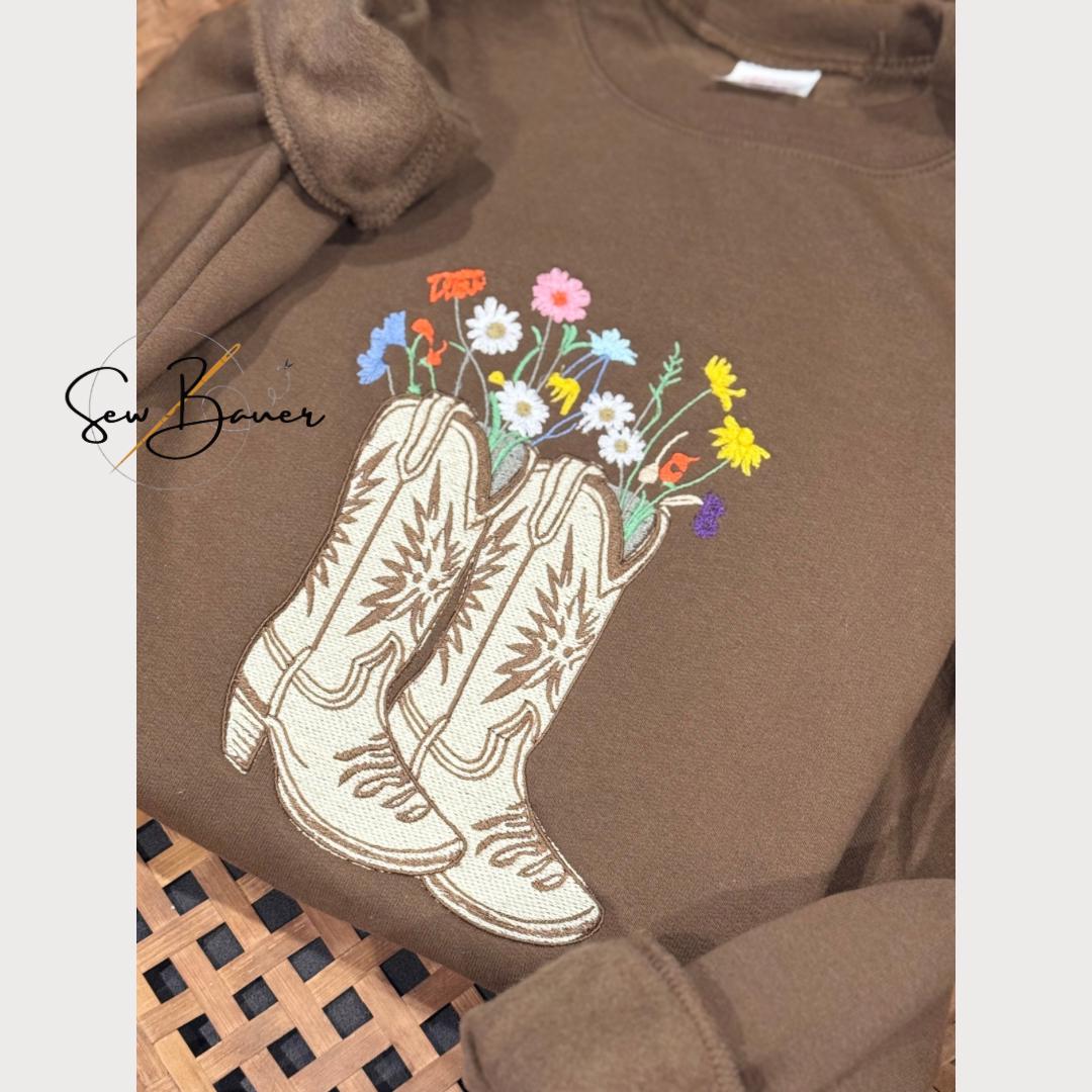 Embroidered Cowgirl Boots Sweatshirt | Western Floral Crewneck